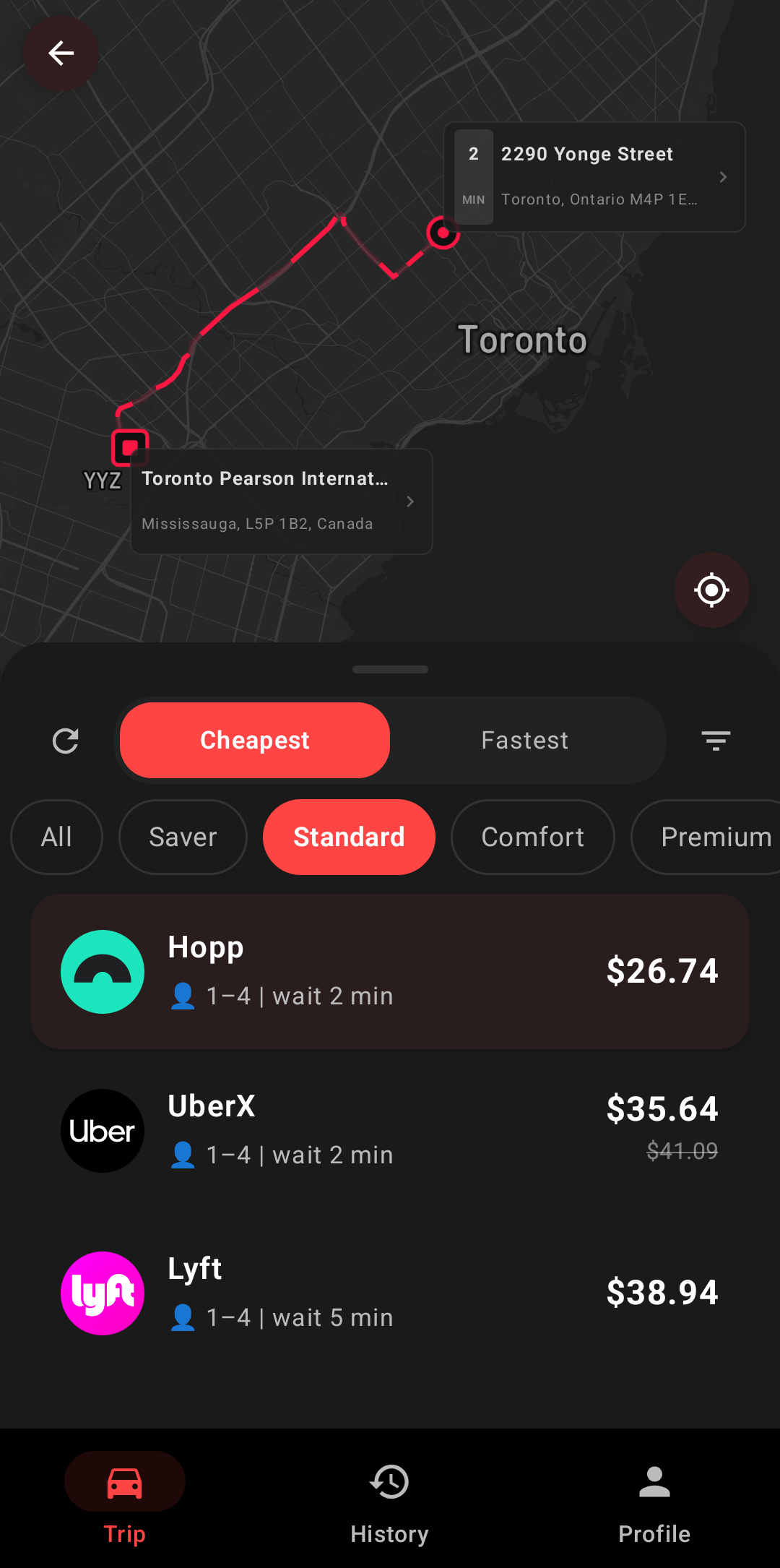 Payfair app showing ride price comparison in Toronto