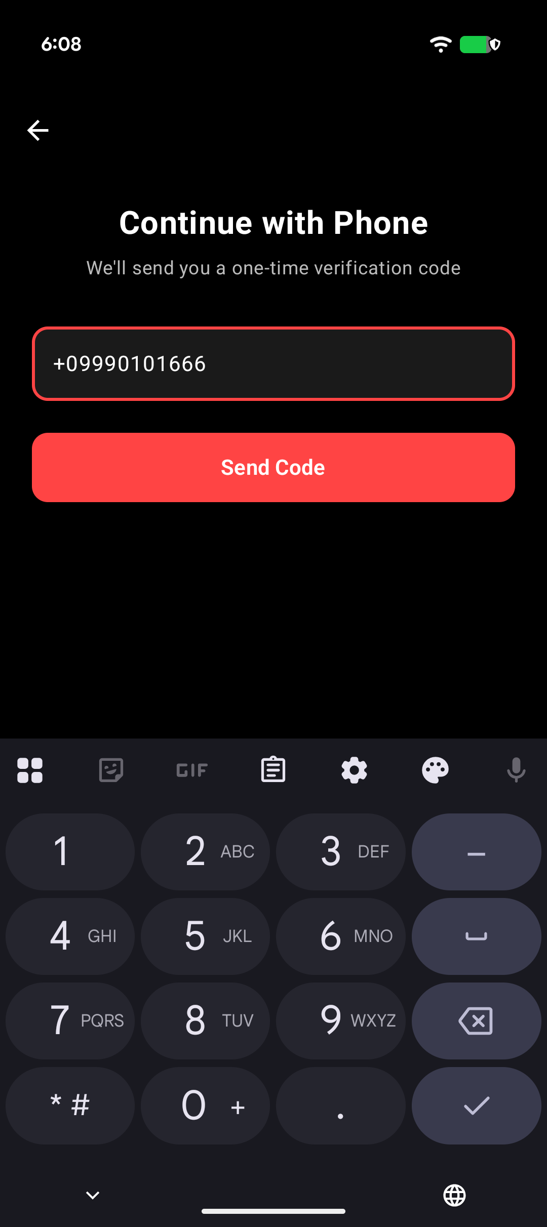 Phone-entry screen: header 'Continue with Phone', subtitle 'We'll send you a one-time verification code', phone number input, and Send Code button